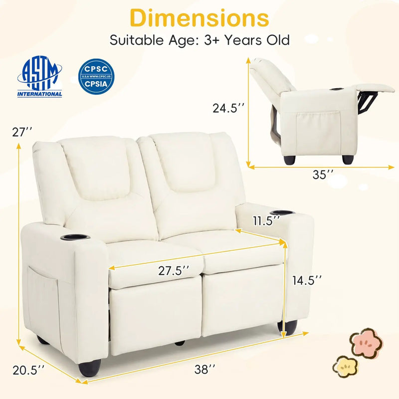 2-Seater Kids Recliner Double Toddler Sofa Chair with 2 Cup Holders by DirectDeals