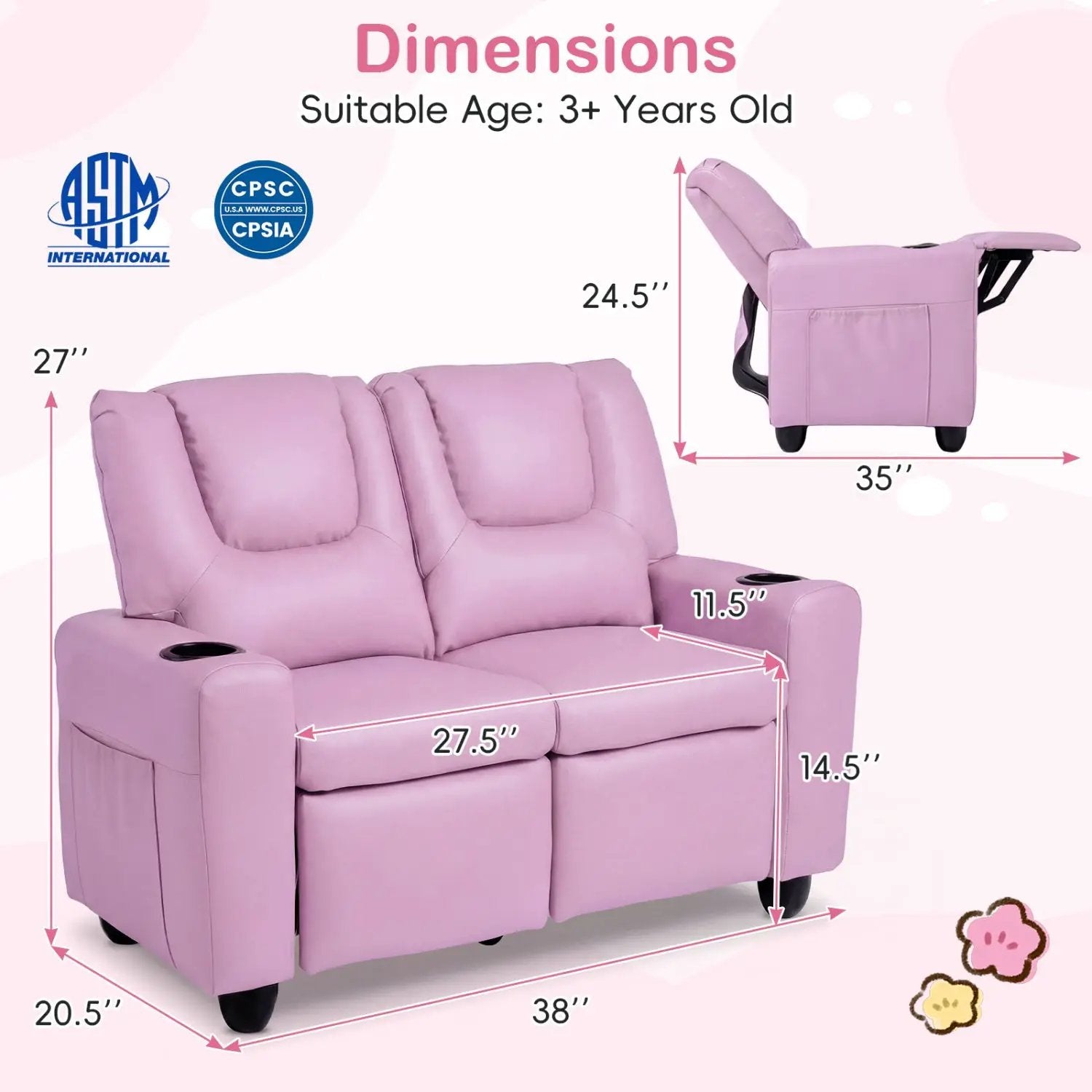 2-Seater Kids Recliner Double Toddler Sofa Chair with 2 Cup Holders by DirectDeals