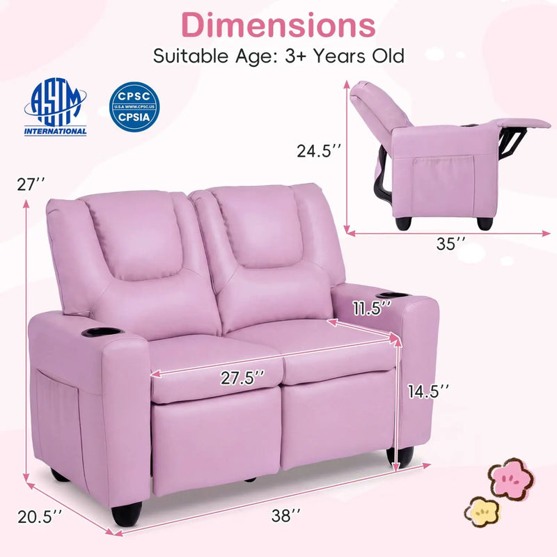 2-Seater Kids Recliner Double Toddler Sofa Chair with 2 Cup Holders by DirectDeals