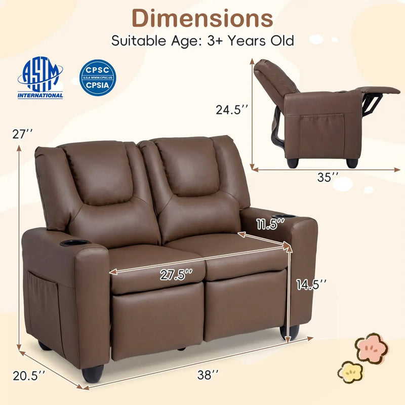 2-Seater Kids Recliner Double Toddler Sofa Chair with 2 Cup Holders by DirectDeals