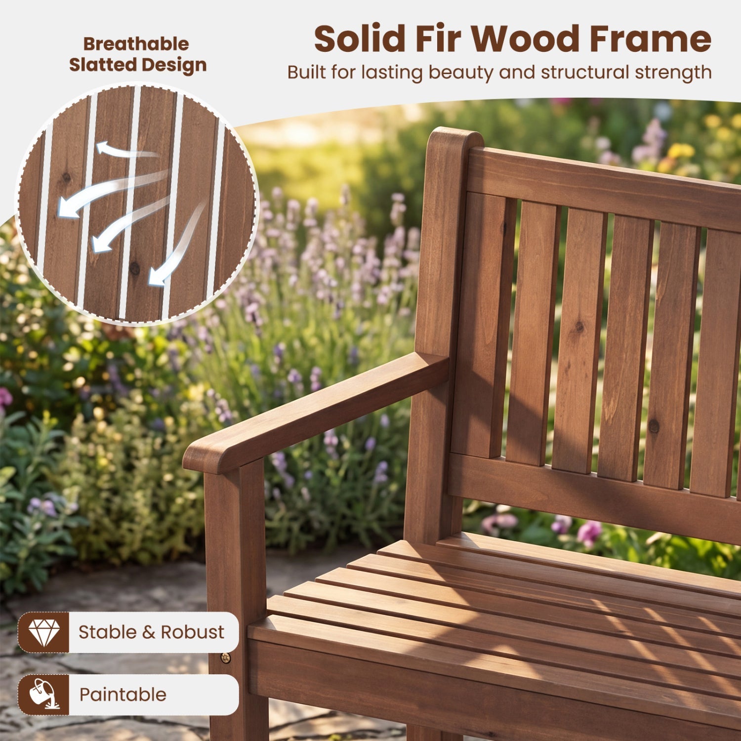 2-Seater Wooden Outdoor Bench with Backrest and Armrests by DirectDeals