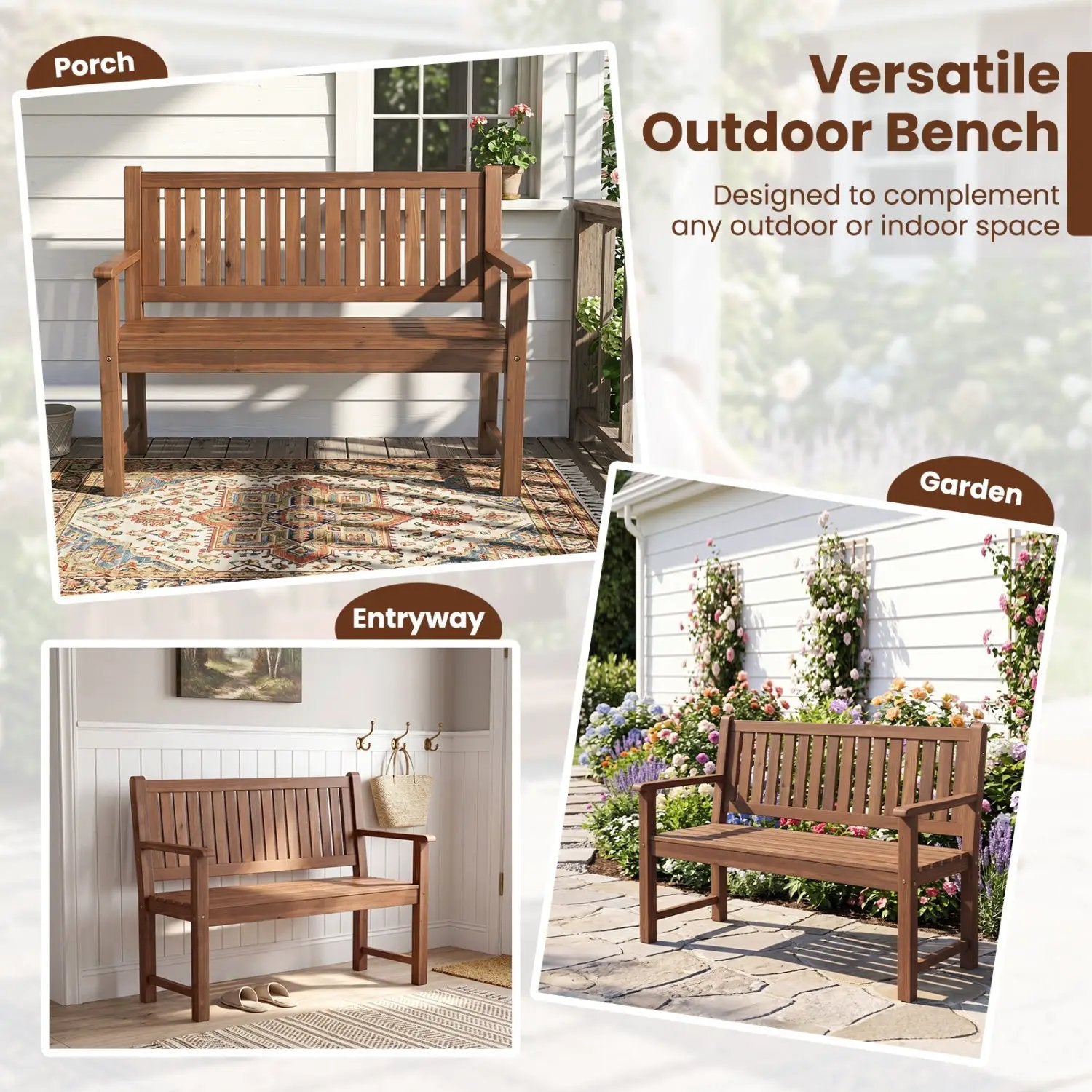 2-Seater Wooden Outdoor Bench with Backrest and Armrests by DirectDeals