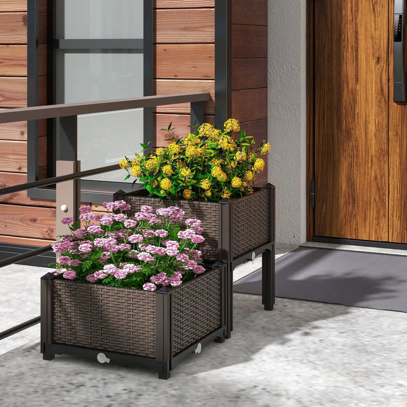 2 Set Elevated Plastic Raised Garden Bed Planter Kit for Flower Vegetable Grow-Brown by DirectDeals