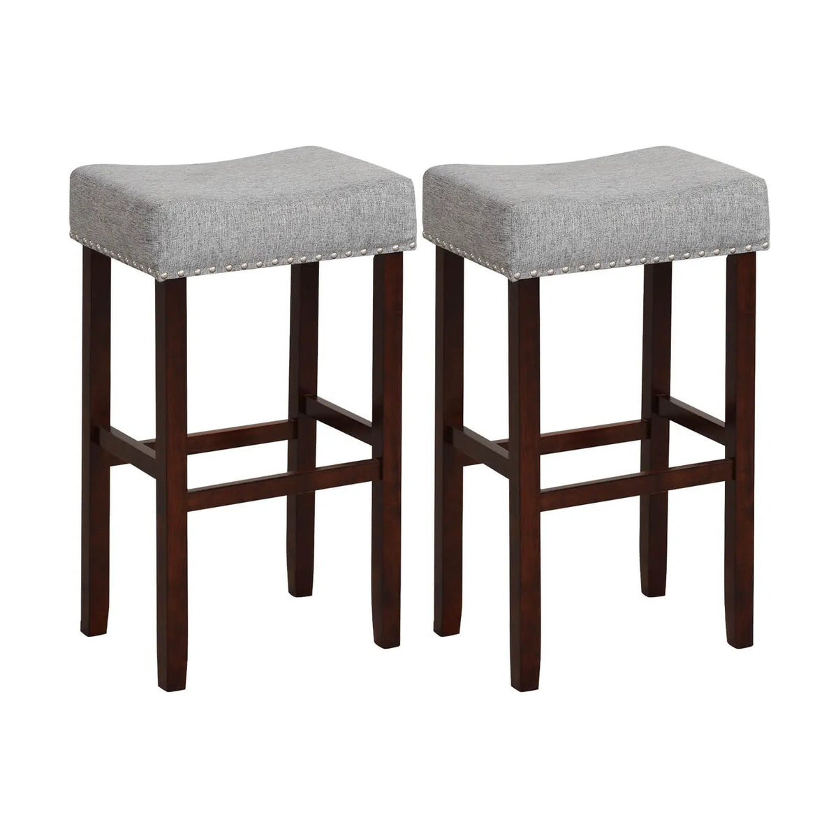 29 Inch Set of 2 Height Upholstered Bar Stool with Solid Rubber Wood Legs and Footrest-Gray by DirectDeals