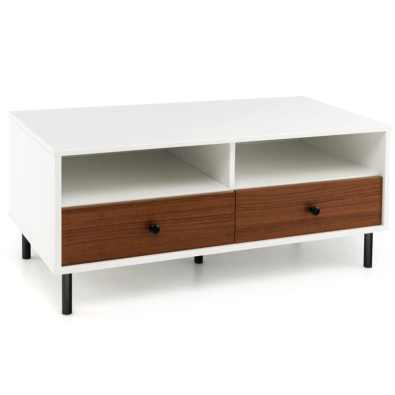 2 Tier 40 Inch Length Modern Rectangle Coffee Table with Storage Shelf and Drawers-White by DirectDeals