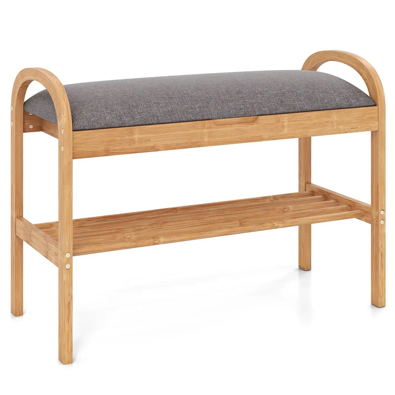 2-Tier Bamboo Shoe Bench with Storage and Padded Cushion-Gray by DirectDeals