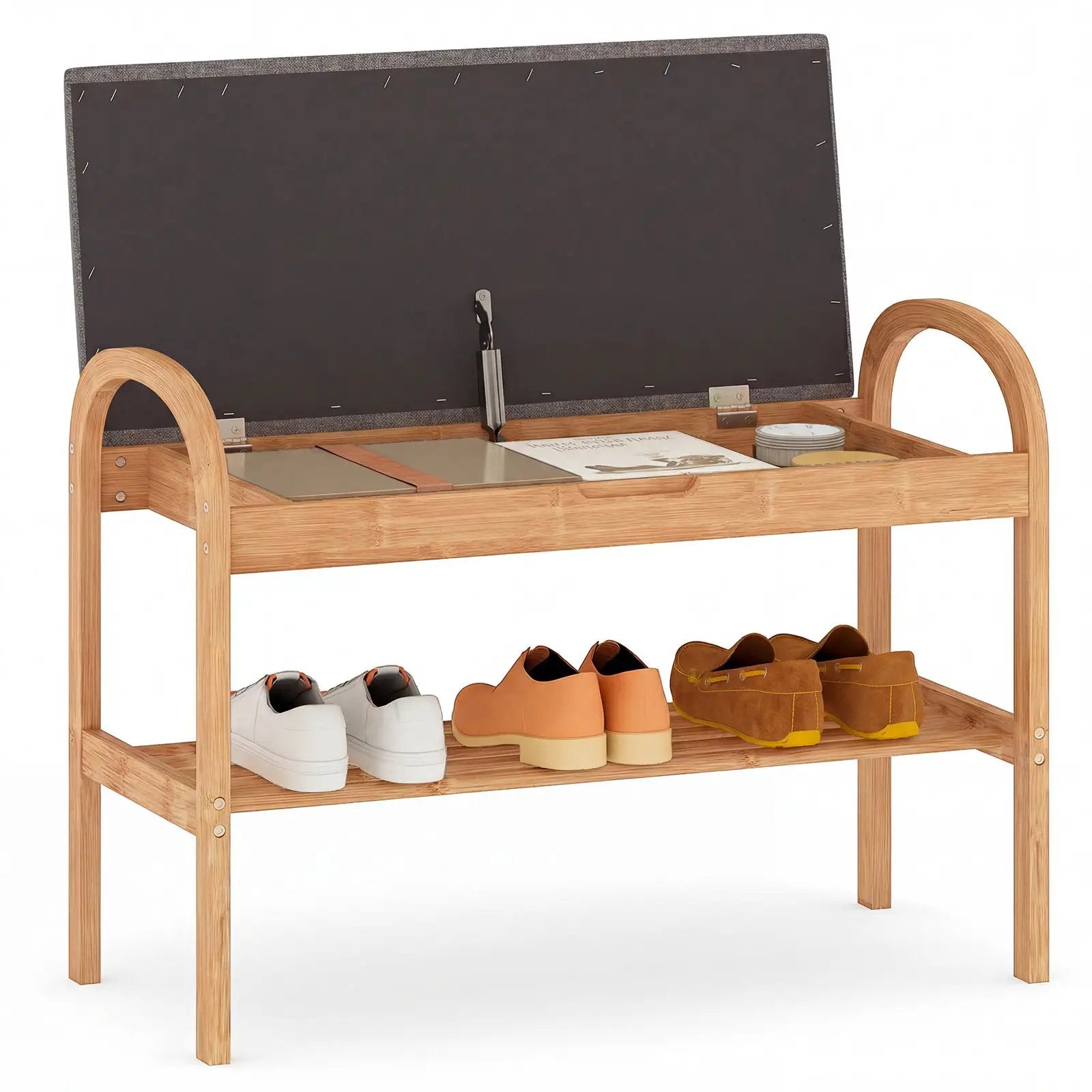 2-Tier Bamboo Shoe Bench with Storage and Padded Cushion-Gray by DirectDeals
