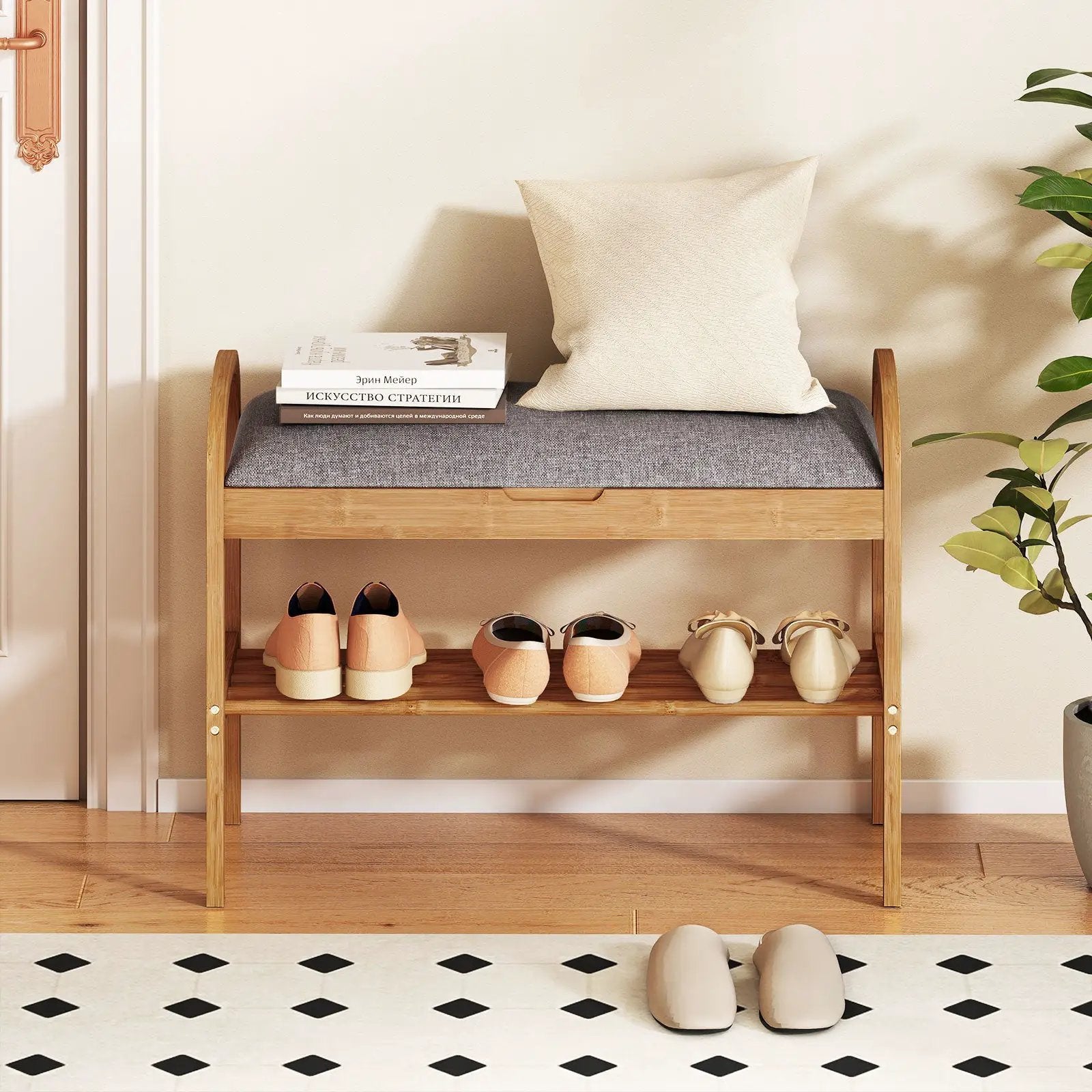 2-Tier Bamboo Shoe Bench with Storage and Padded Cushion-Gray by DirectDeals