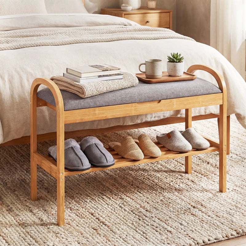 2-Tier Bamboo Shoe Bench with Storage and Padded Cushion-Gray by DirectDeals