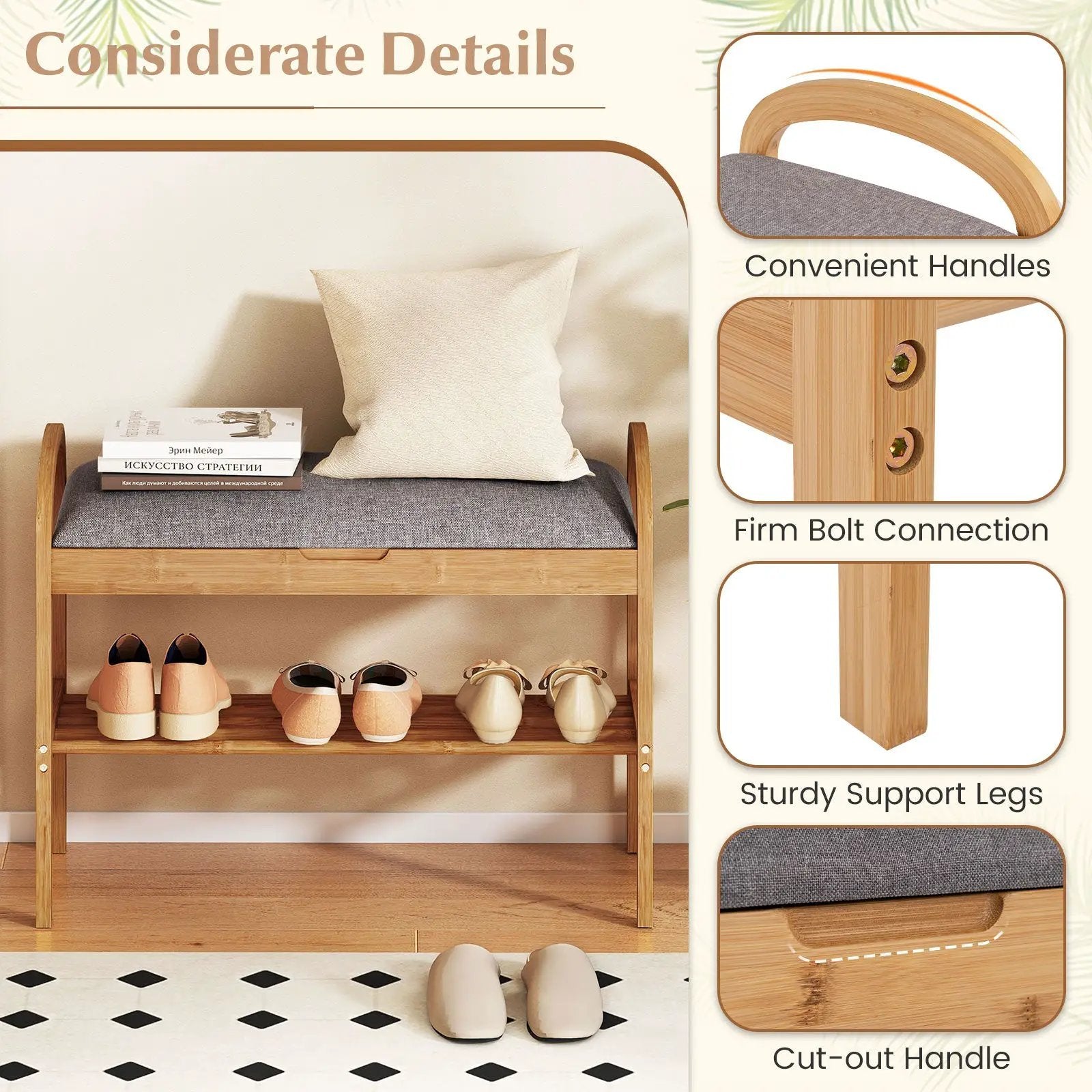 2-Tier Bamboo Shoe Bench with Storage and Padded Cushion-Gray by DirectDeals