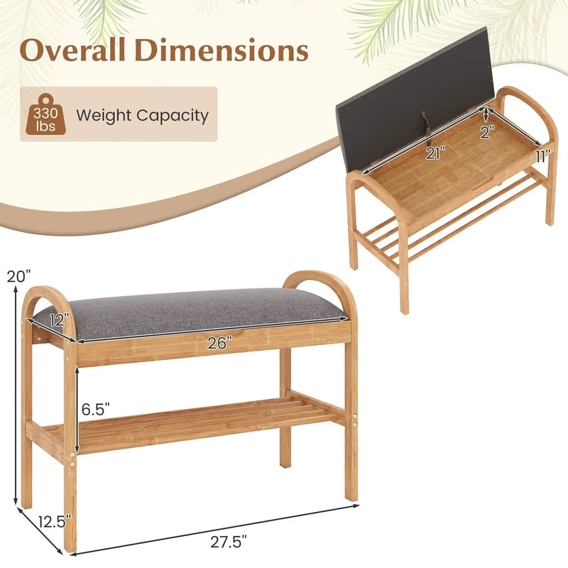2-Tier Bamboo Shoe Bench with Storage and Padded Cushion-Gray by DirectDeals