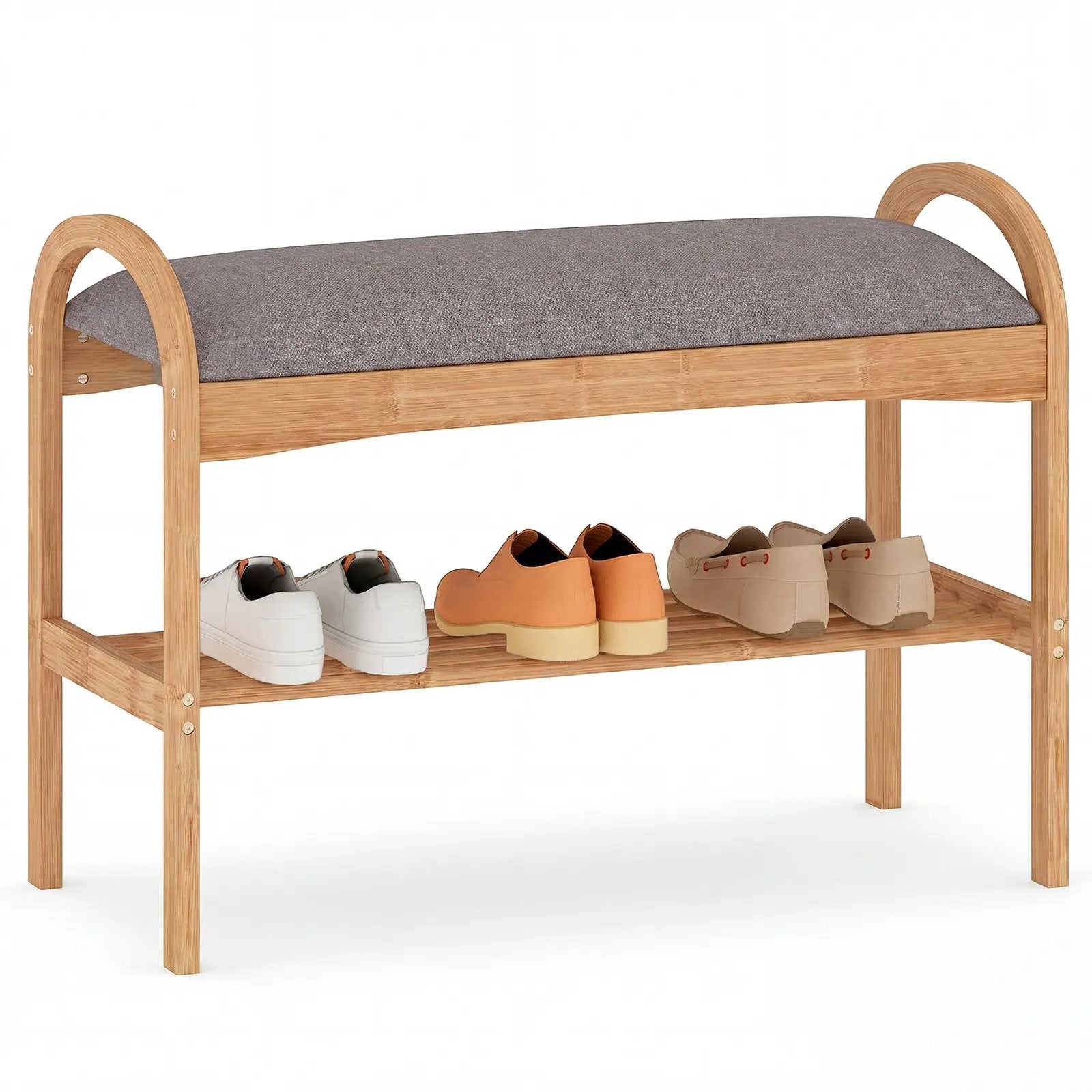 2-Tier Bamboo Shoe Bench with Padded Cushion and Shelf-Gray by DirectDeals