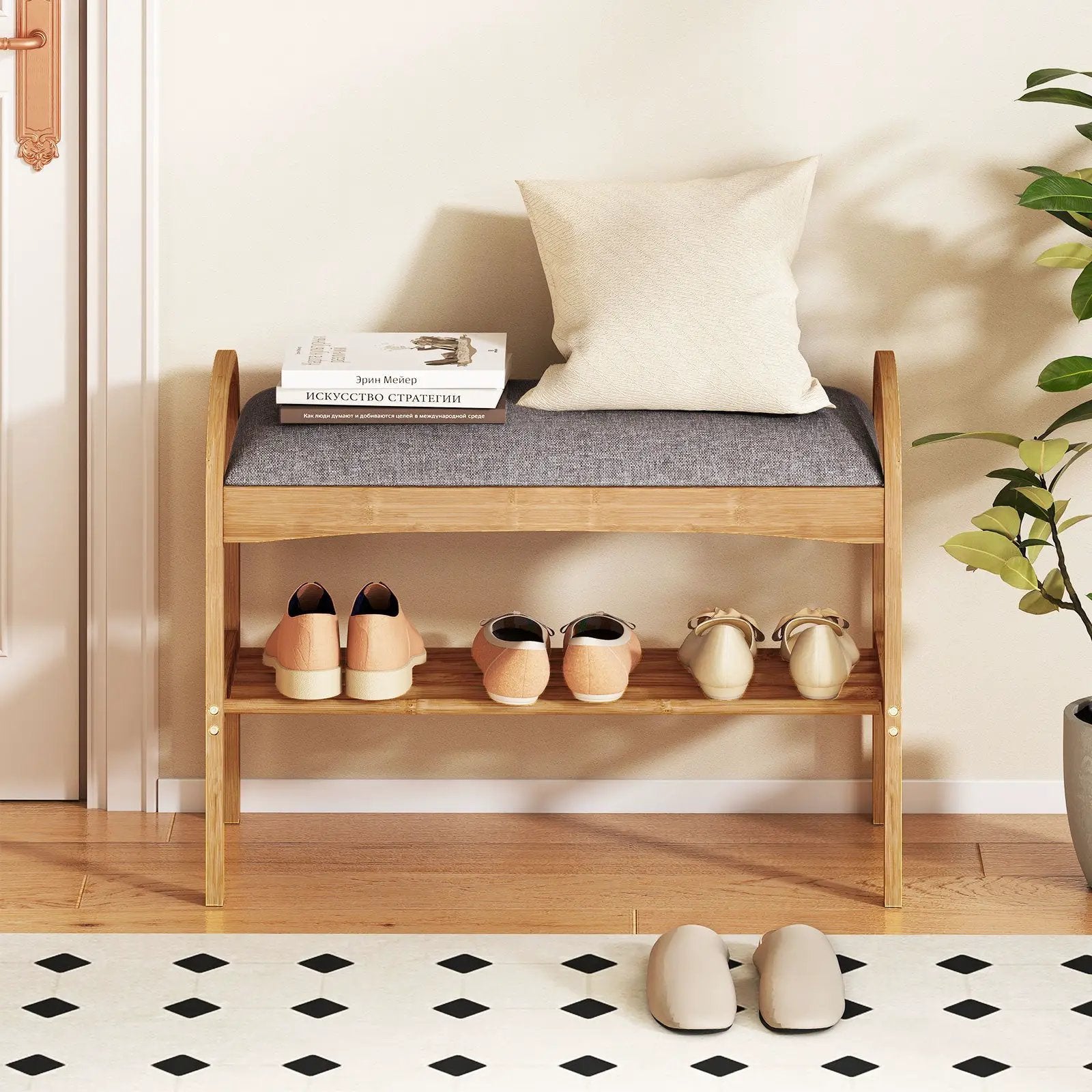 2-Tier Bamboo Shoe Bench with Padded Cushion and Shelf-Gray by DirectDeals