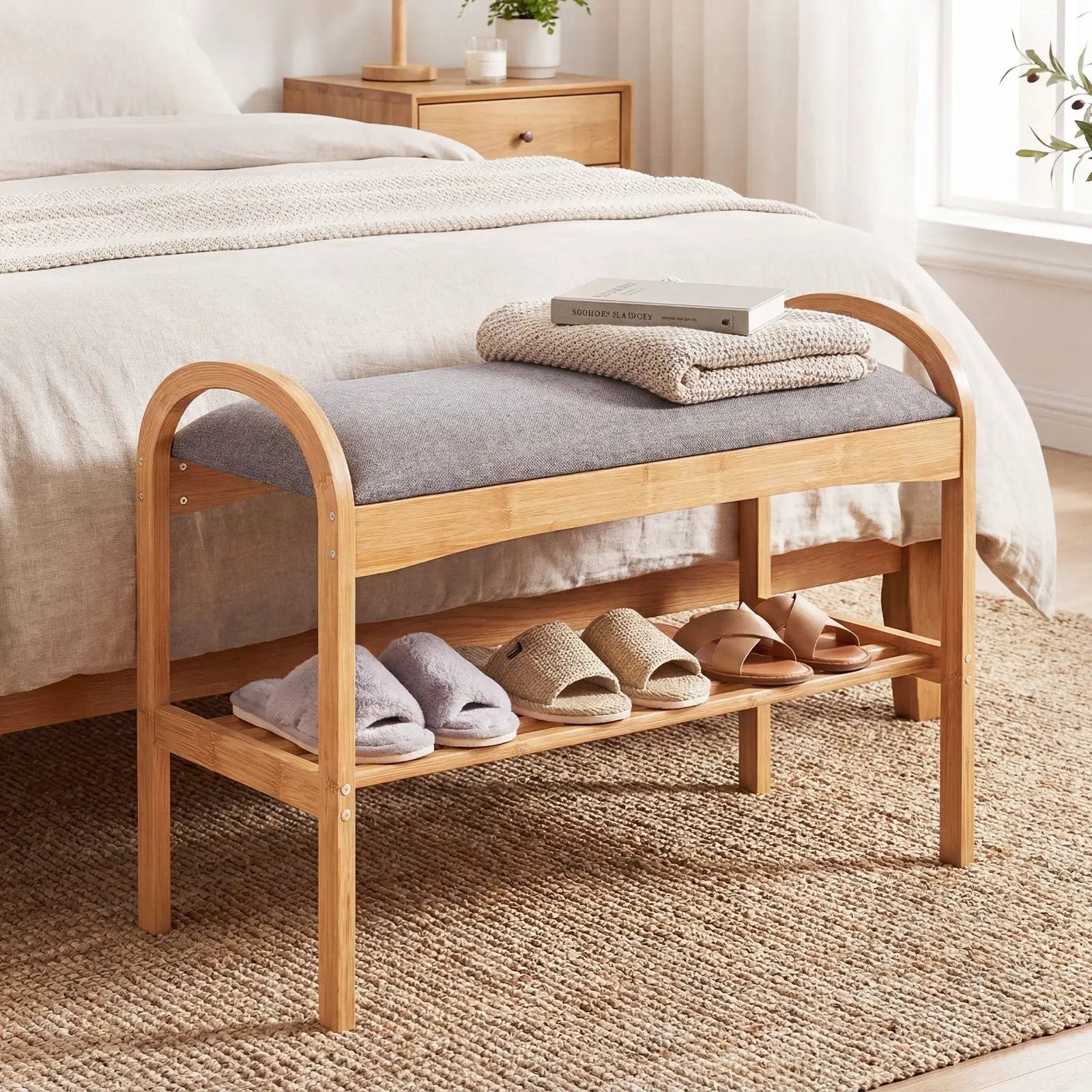 2-Tier Bamboo Shoe Bench with Padded Cushion and Shelf-Gray by DirectDeals