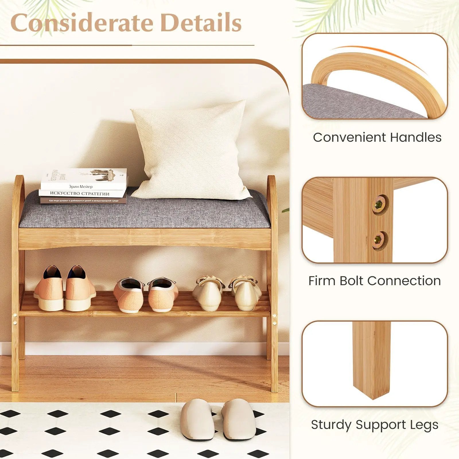 2-Tier Bamboo Shoe Bench with Padded Cushion and Shelf-Gray by DirectDeals