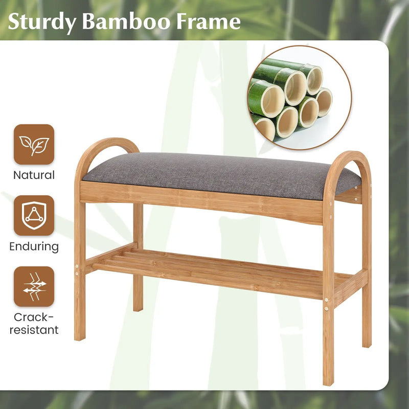 2-Tier Bamboo Shoe Bench with Padded Cushion and Shelf-Gray by DirectDeals