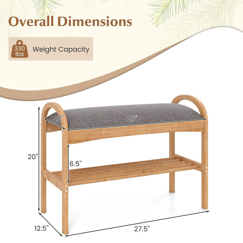 2-Tier Bamboo Shoe Bench with Padded Cushion and Shelf-Gray by DirectDeals