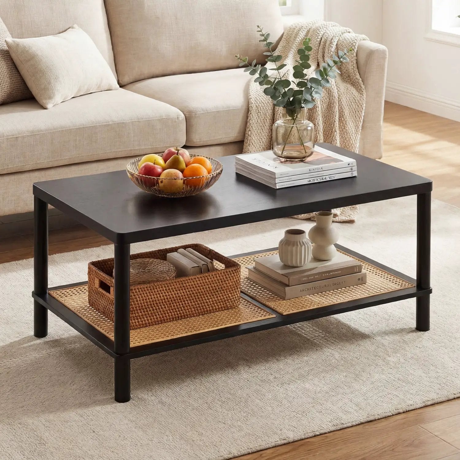 2-Tier Boho Coffee Table with Rattan Storage Shelf by DirectDeals