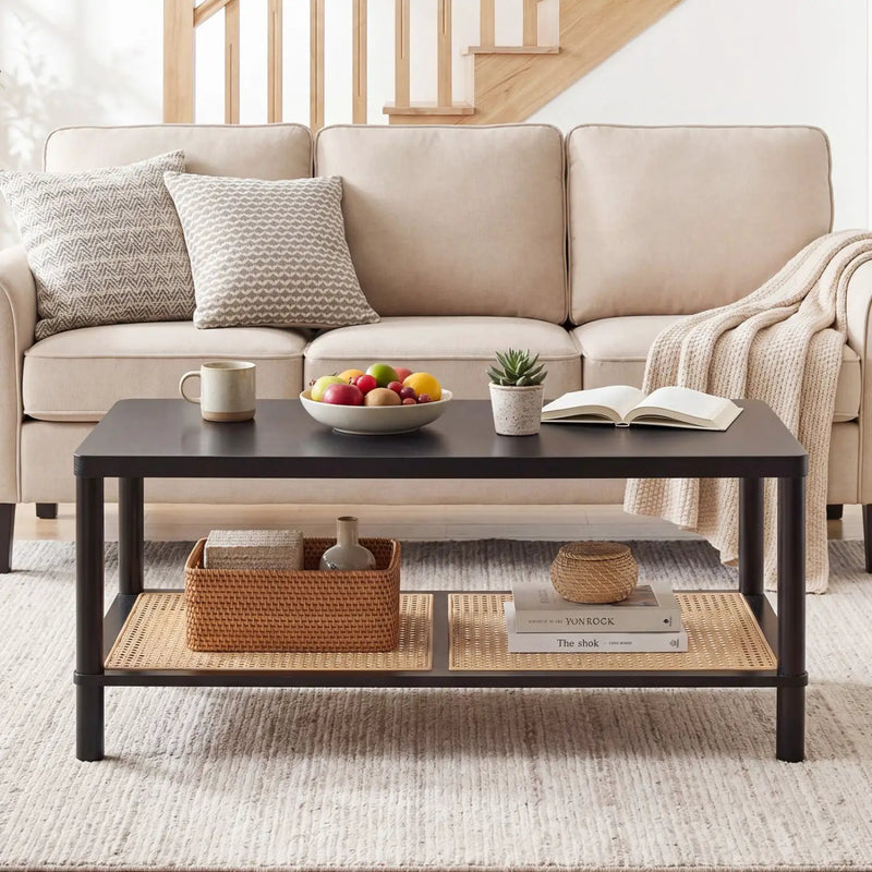 2-Tier Boho Coffee Table with Rattan Storage Shelf by DirectDeals