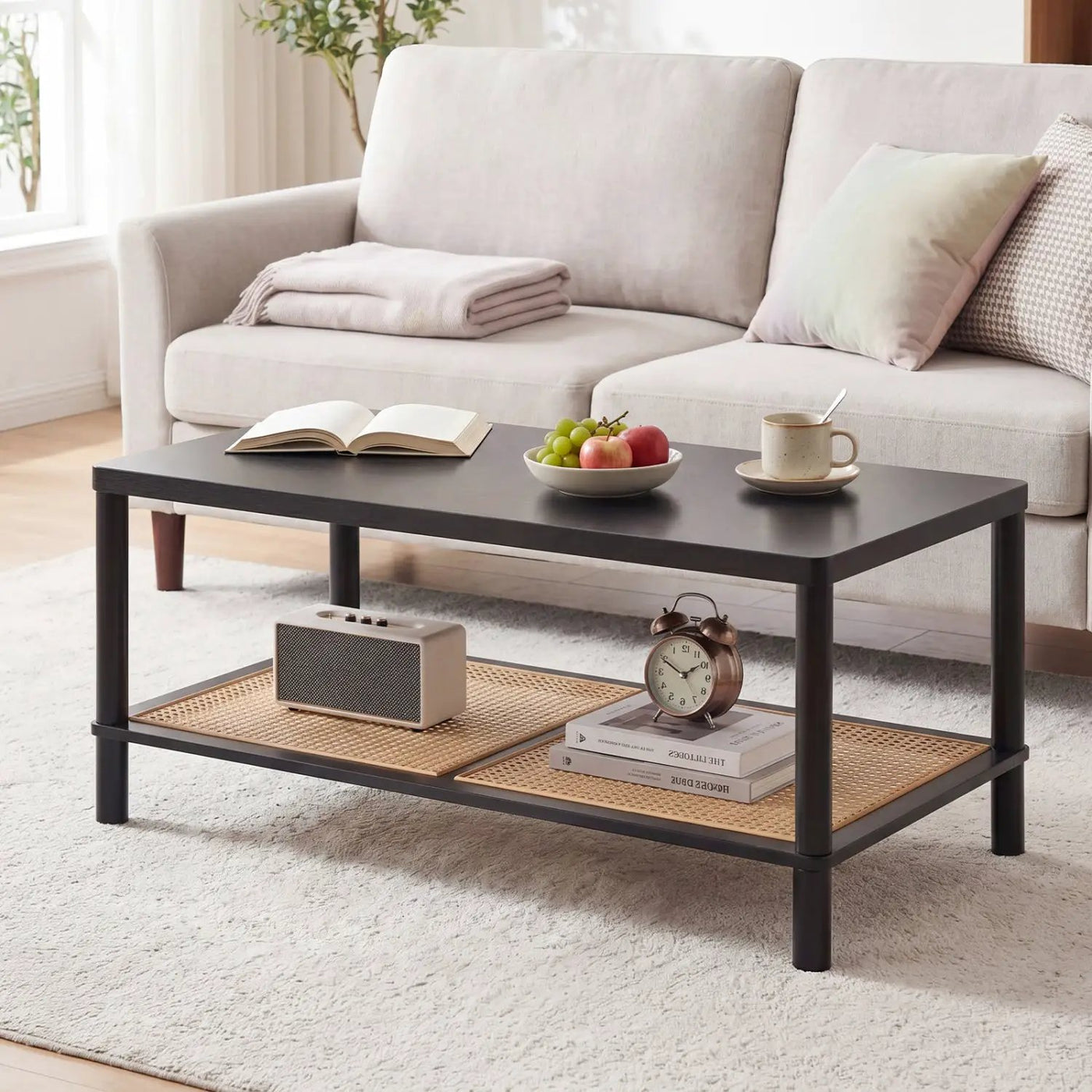 2-Tier Boho Coffee Table with Rattan Storage Shelf by DirectDeals