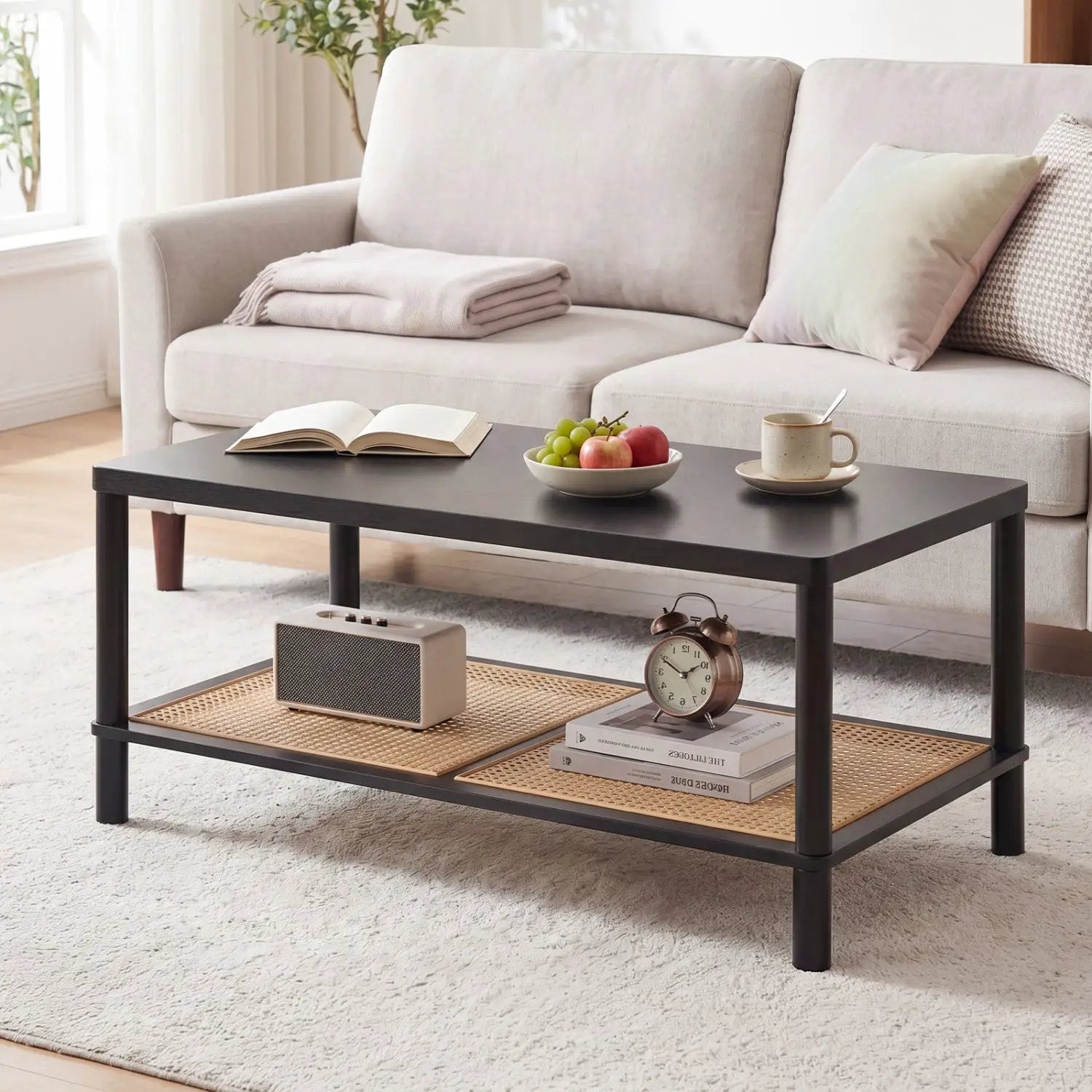 2-Tier Boho Coffee Table with Rattan Storage Shelf by DirectDeals