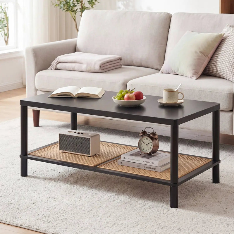 2-Tier Boho Coffee Table with Rattan Storage Shelf by DirectDeals