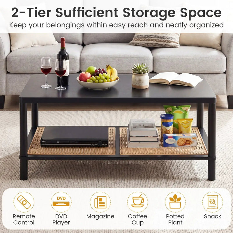 2-Tier Boho Coffee Table with Rattan Storage Shelf by DirectDeals