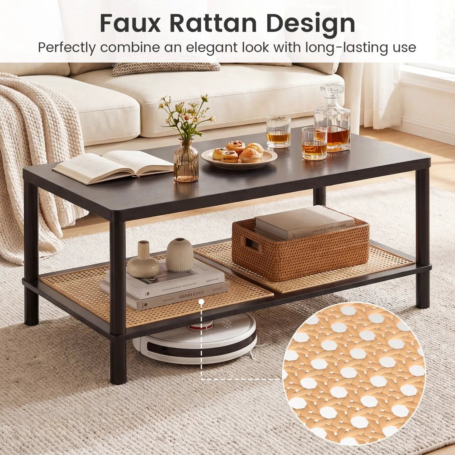 2-Tier Boho Coffee Table with Rattan Storage Shelf by DirectDeals