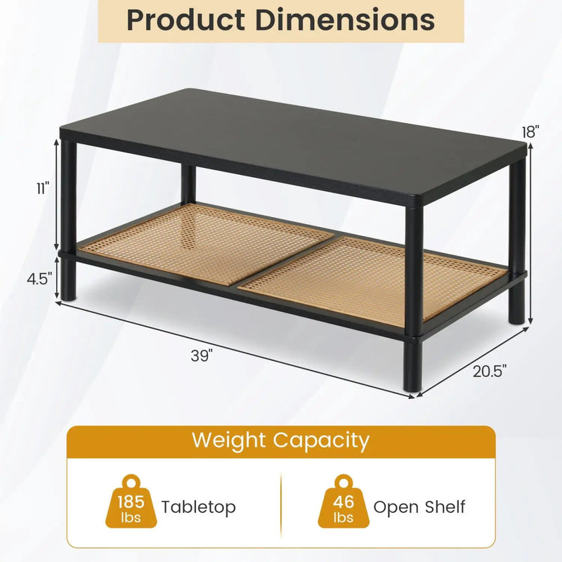 2-Tier Boho Coffee Table with Rattan Storage Shelf by DirectDeals