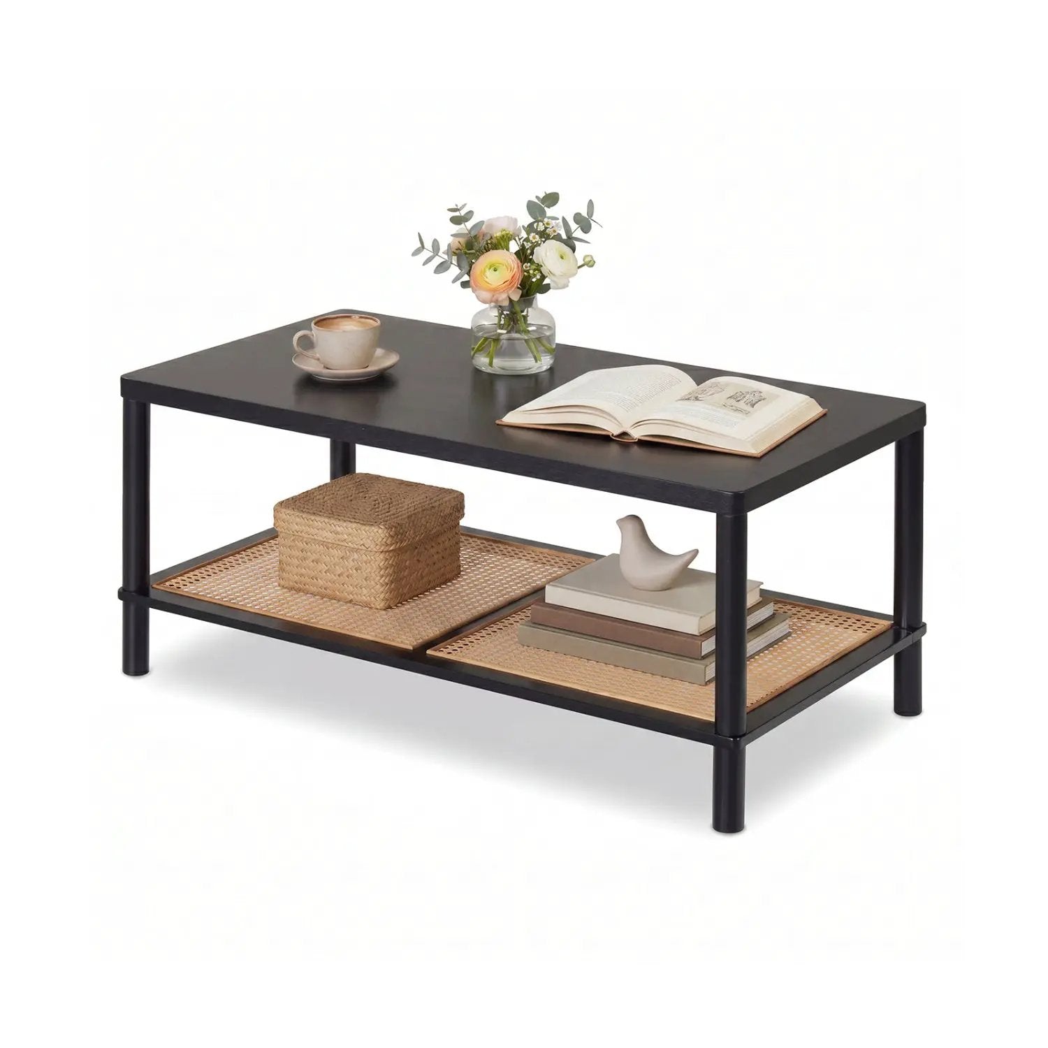 2-Tier Boho Coffee Table with Rattan Storage Shelf by DirectDeals