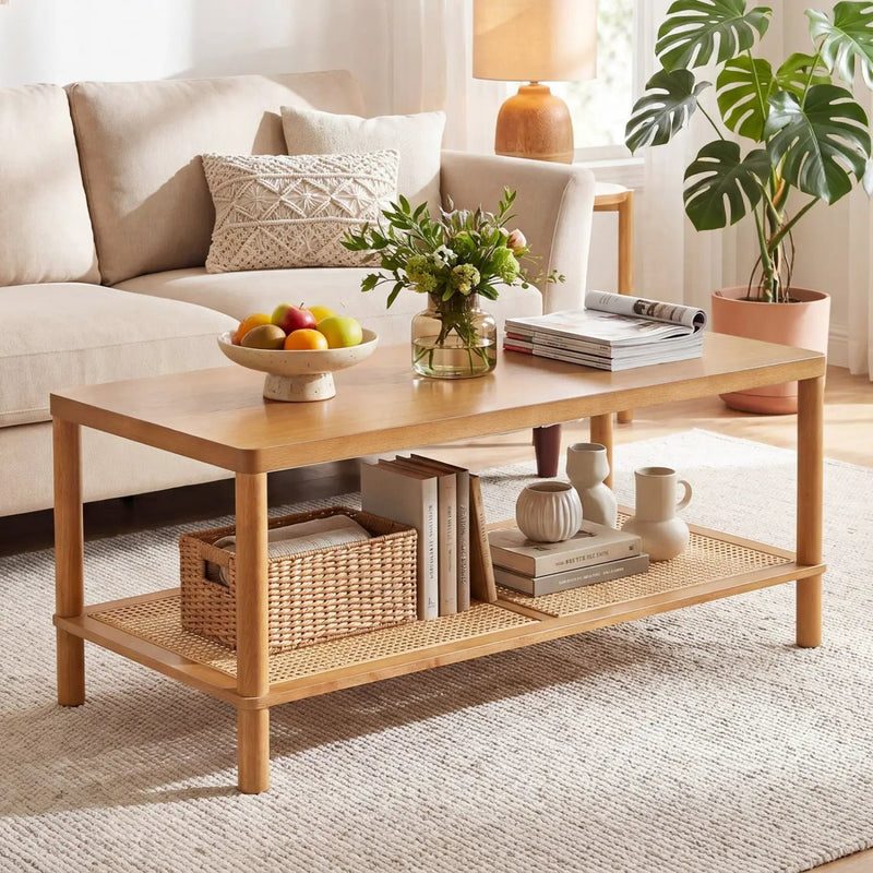 2-Tier Boho Coffee Table with Rattan Storage Shelf by DirectDeals
