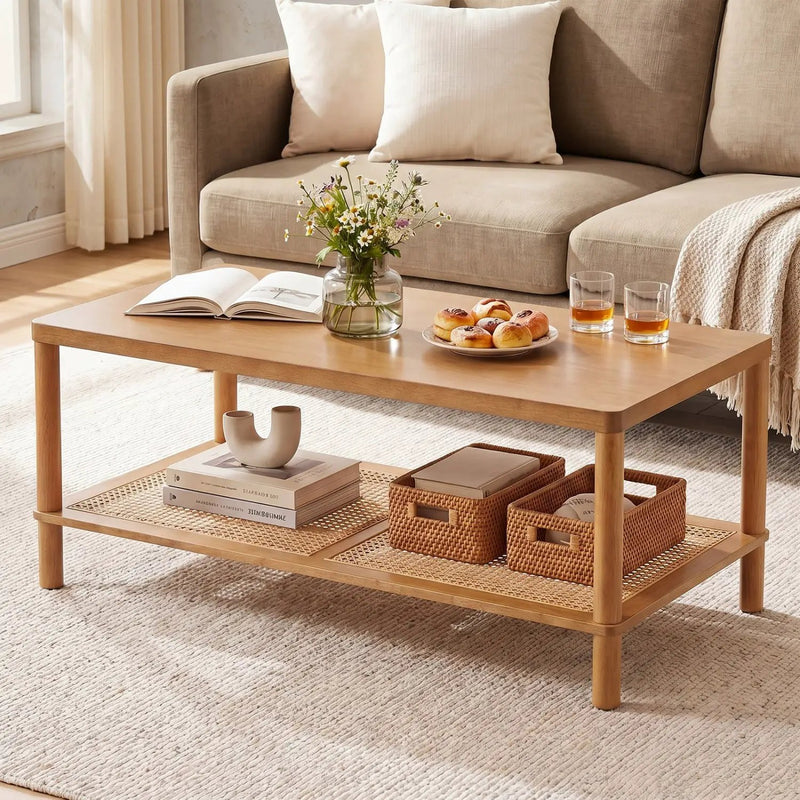 2-Tier Boho Coffee Table with Rattan Storage Shelf by DirectDeals