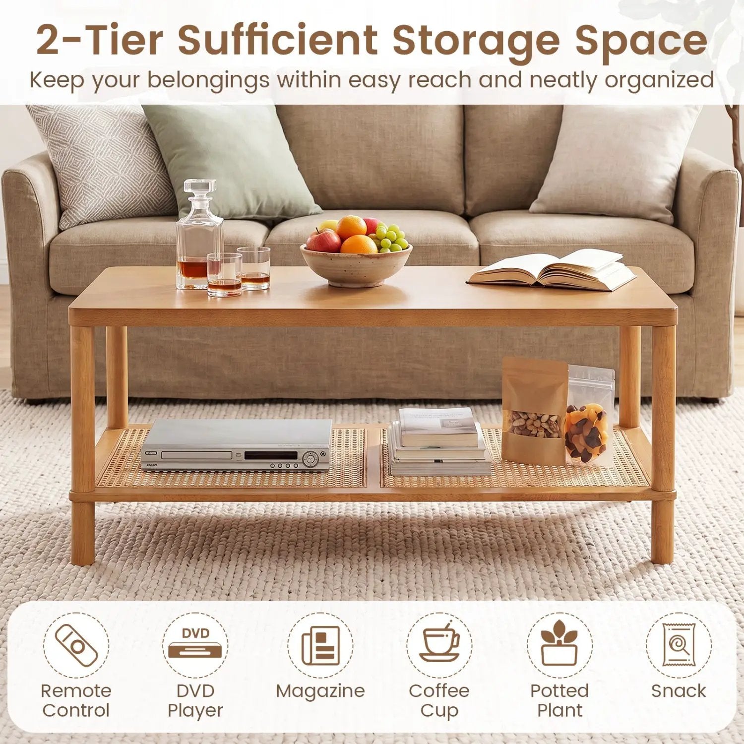 2-Tier Boho Coffee Table with Rattan Storage Shelf by DirectDeals