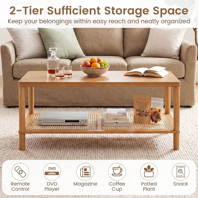 2-Tier Boho Coffee Table with Rattan Storage Shelf by DirectDeals
