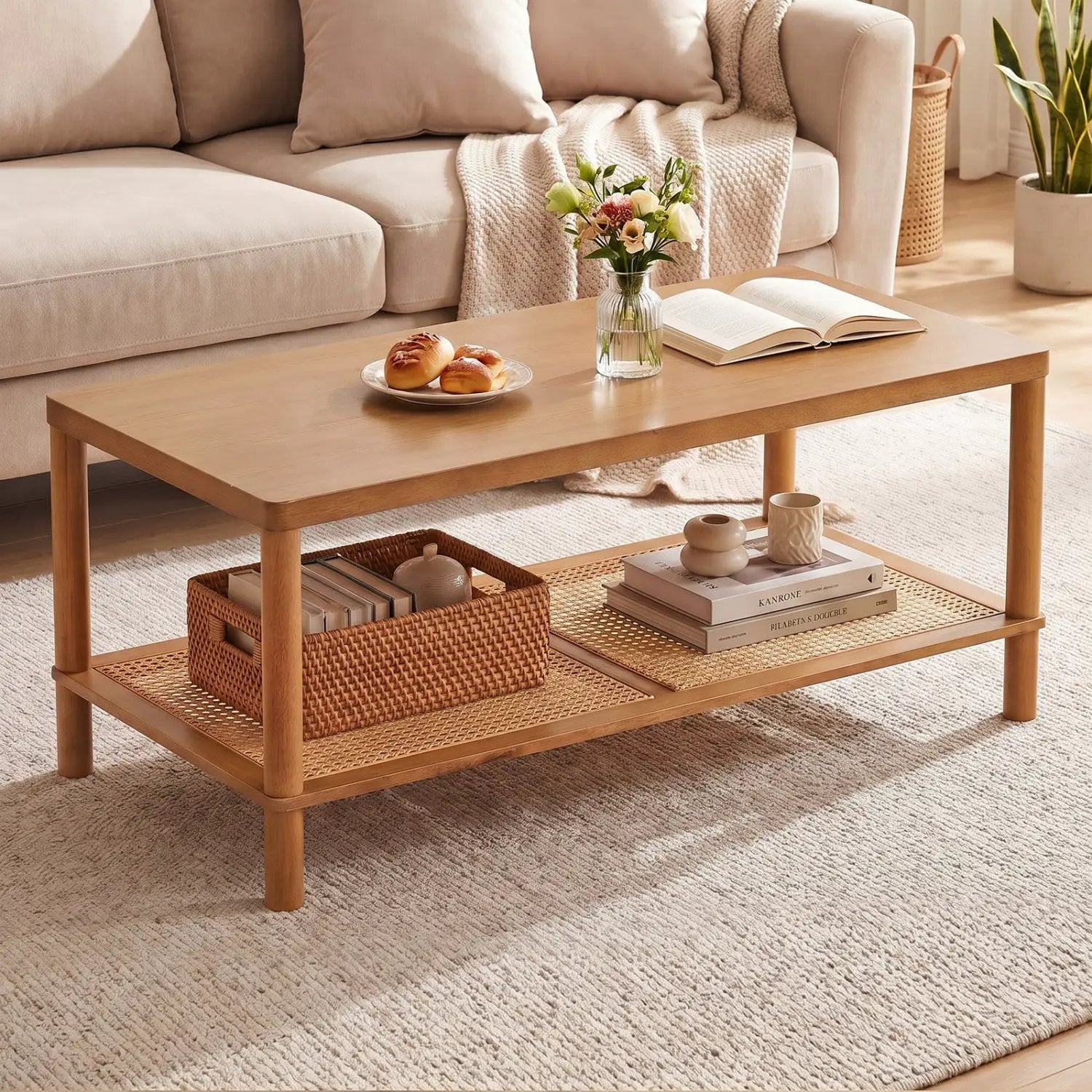 2-Tier Boho Coffee Table with Rattan Storage Shelf by DirectDeals