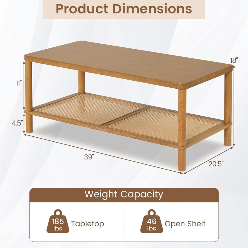 2-Tier Boho Coffee Table with Rattan Storage Shelf by DirectDeals