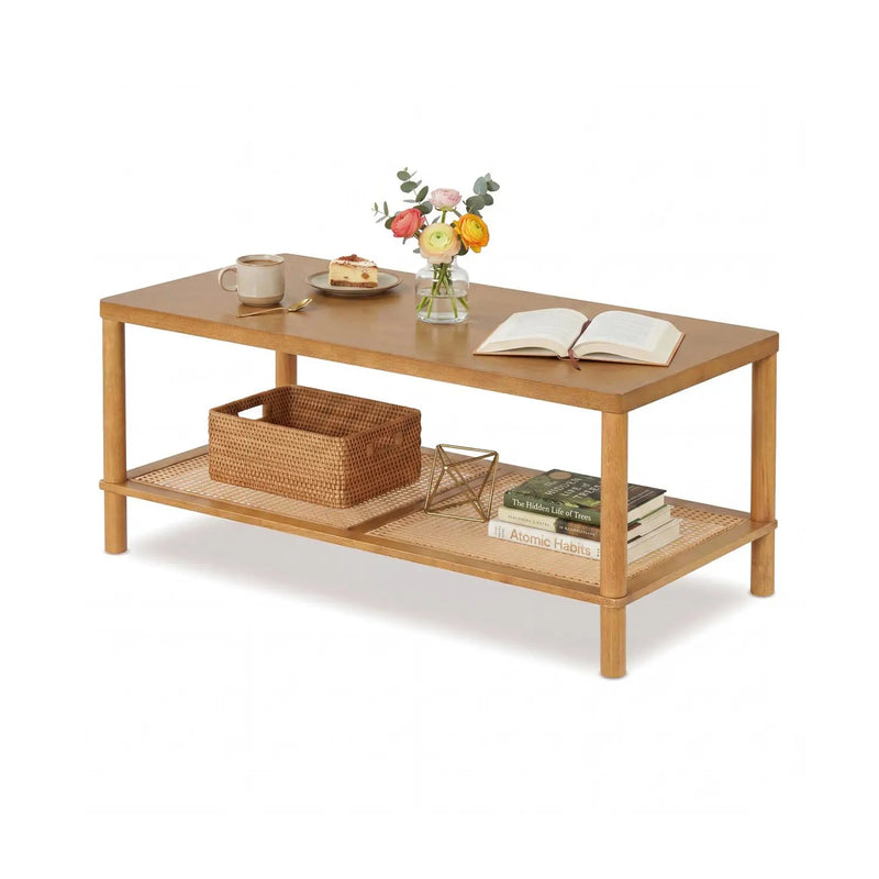 2-Tier Boho Coffee Table with Rattan Storage Shelf by DirectDeals