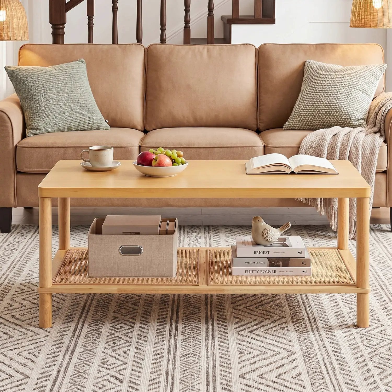 2-Tier Boho Coffee Table with Rattan Storage Shelf by DirectDeals