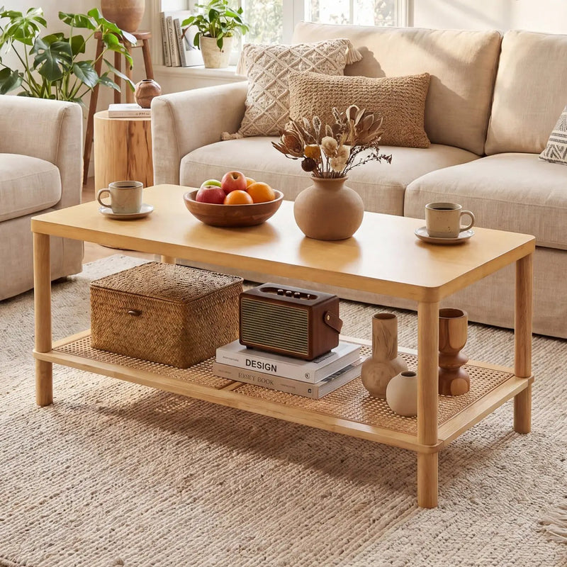 2-Tier Boho Coffee Table with Rattan Storage Shelf by DirectDeals