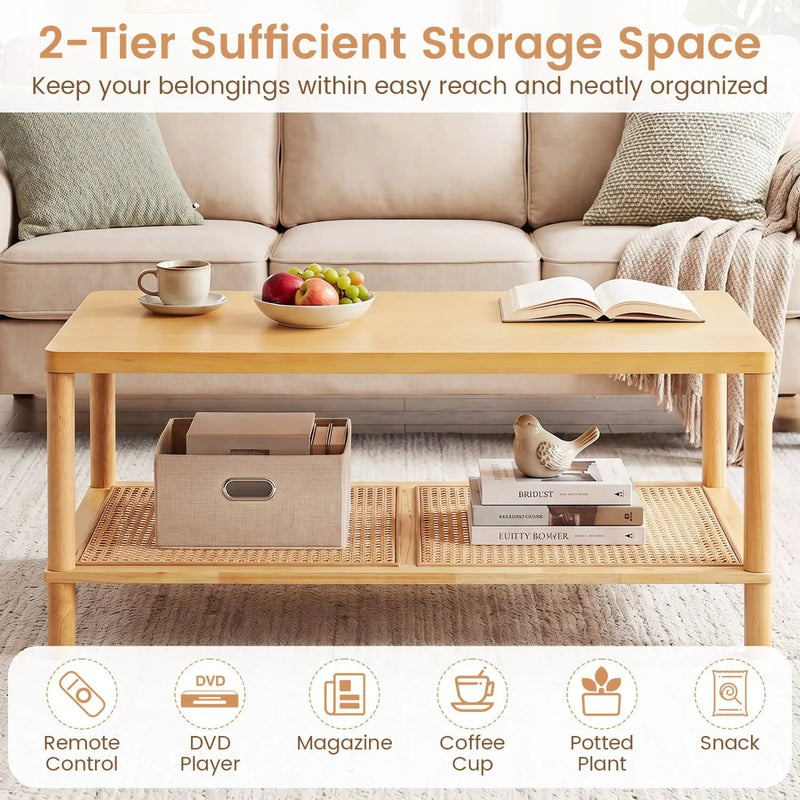 2-Tier Boho Coffee Table with Rattan Storage Shelf by DirectDeals
