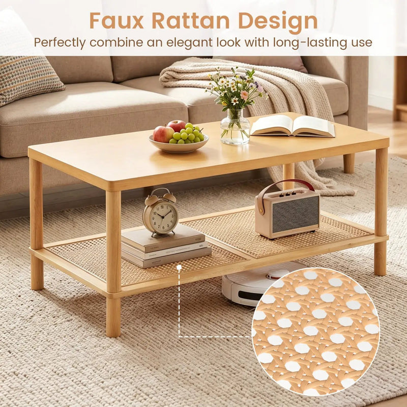 2-Tier Boho Coffee Table with Rattan Storage Shelf by DirectDeals