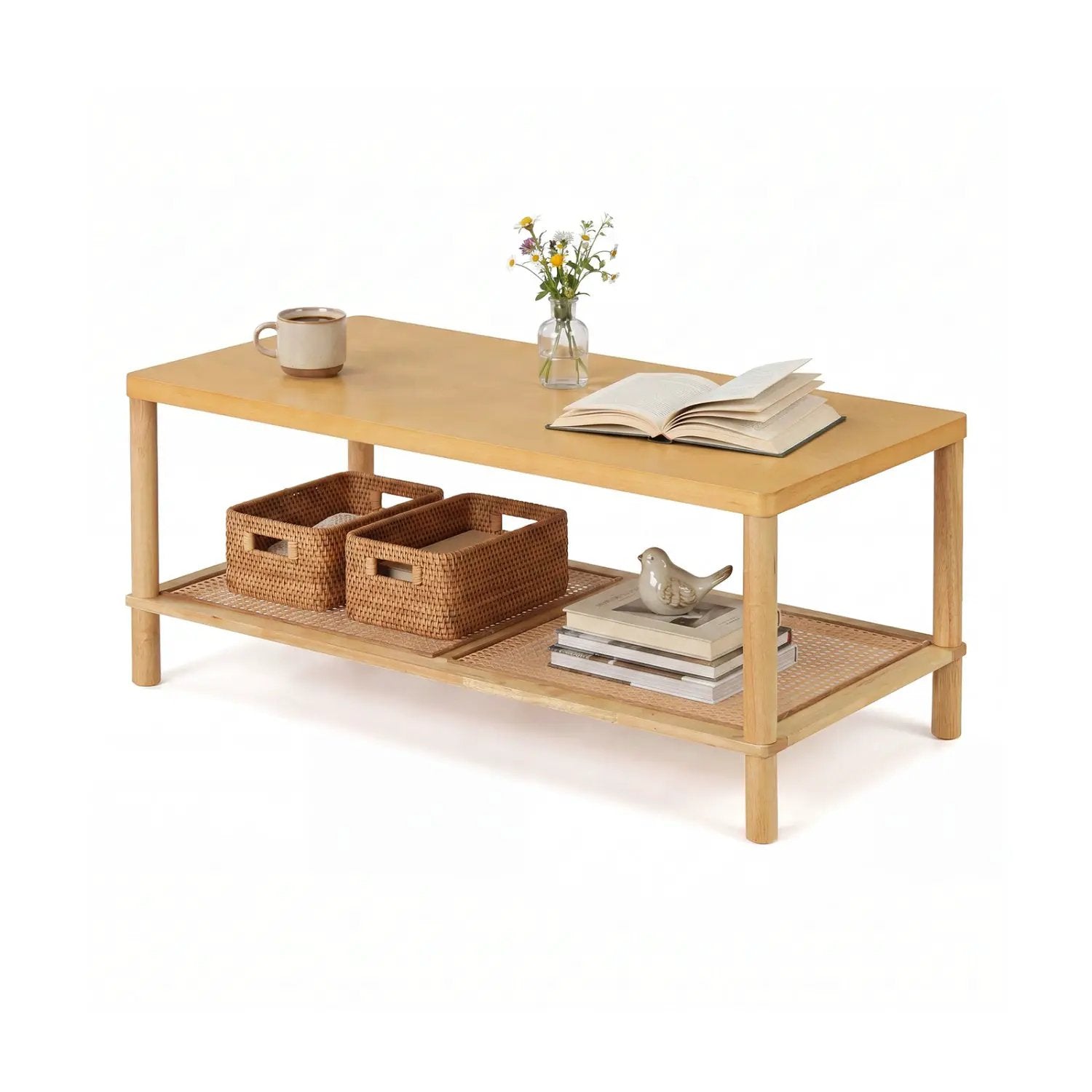 2-Tier Boho Coffee Table with Rattan Storage Shelf by DirectDeals