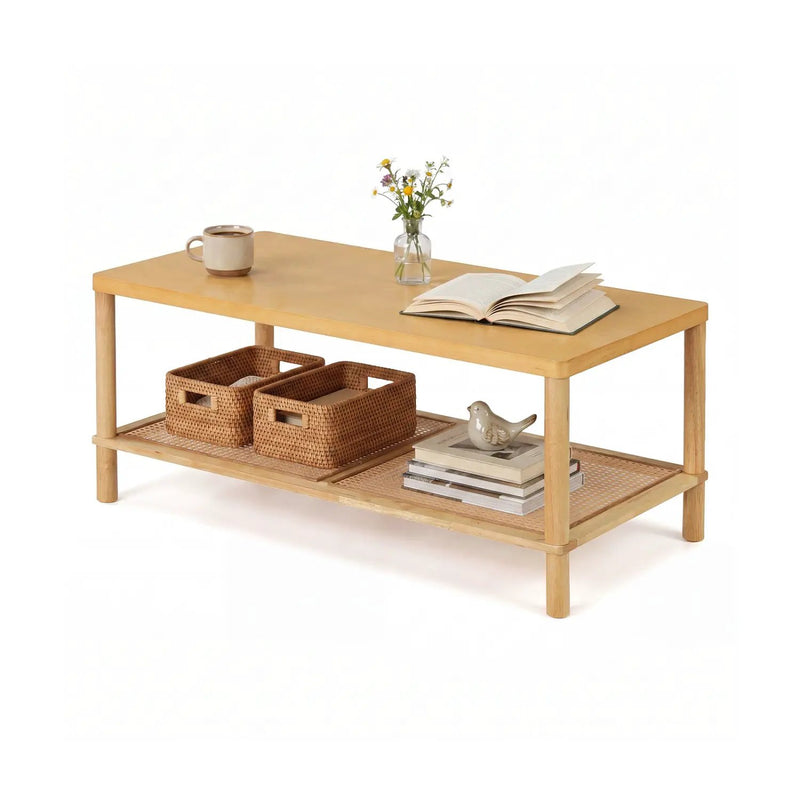 2-Tier Boho Coffee Table with Rattan Storage Shelf by DirectDeals