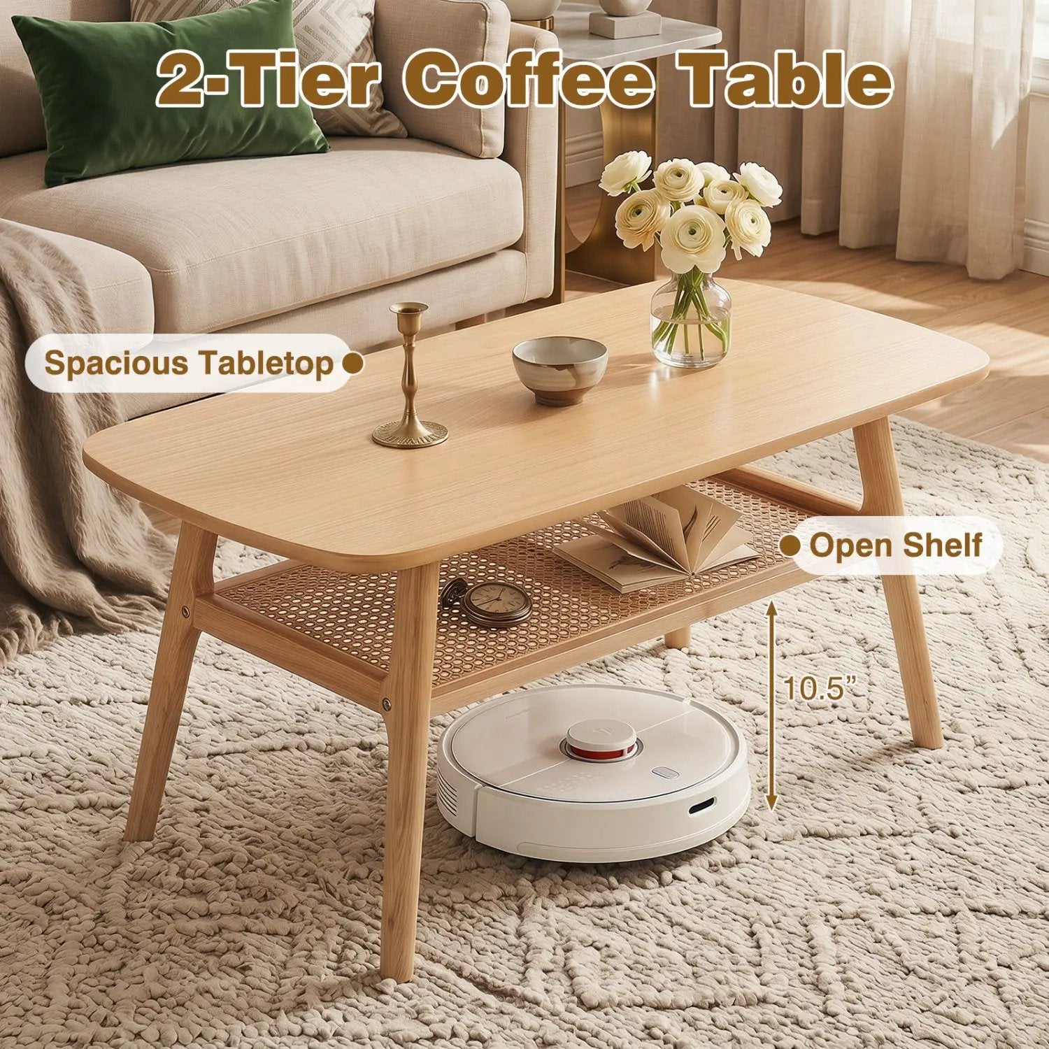 2-Tier Rattan Coffee Table with Rounded Corners by DirectDeals