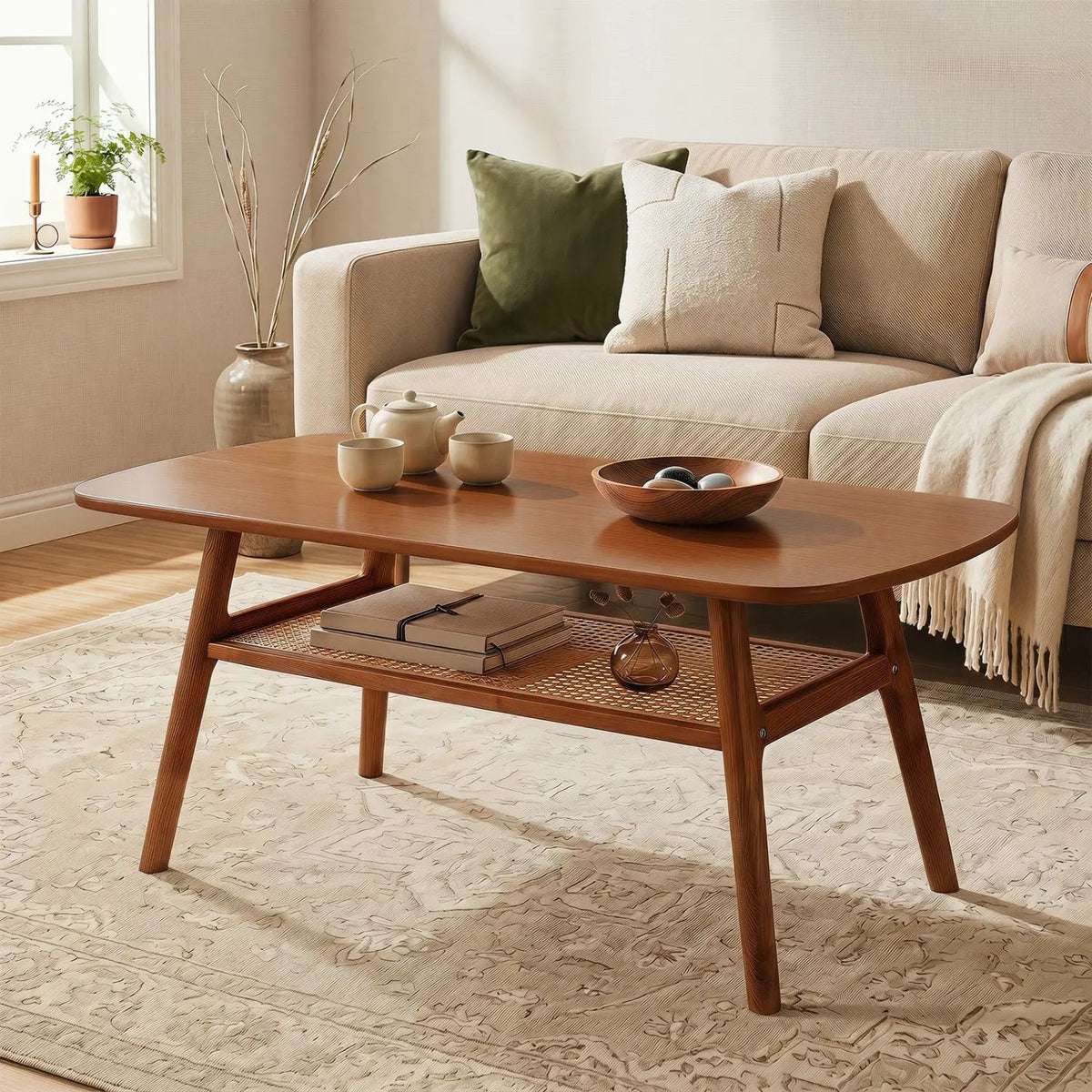 2-Tier Rattan Coffee Table with Rounded Corners by DirectDeals