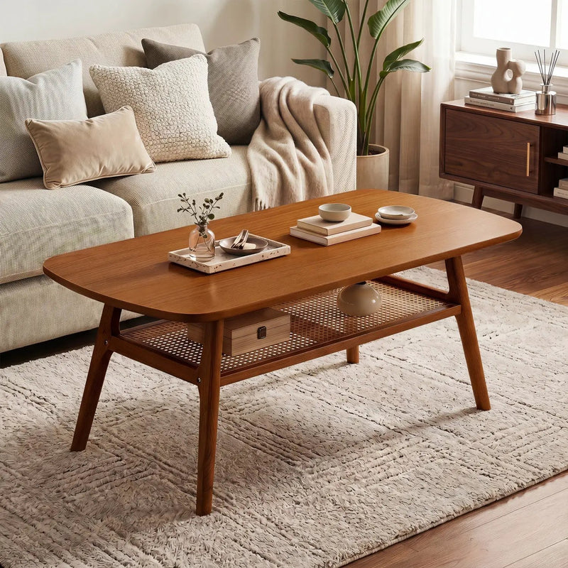 2-Tier Rattan Coffee Table with Rounded Corners by DirectDeals