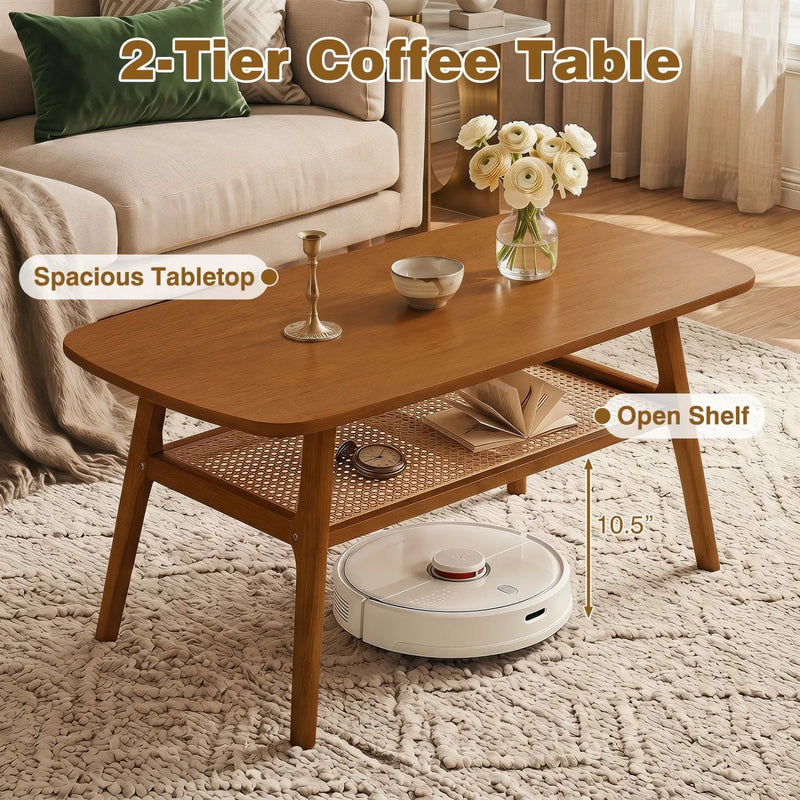 2-Tier Rattan Coffee Table with Rounded Corners by DirectDeals