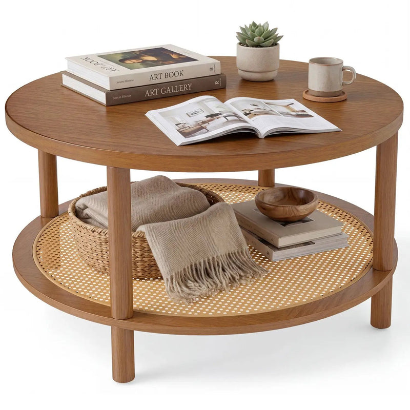 Round Rattan Coffee Table with Storage Shelf by DirectDeals