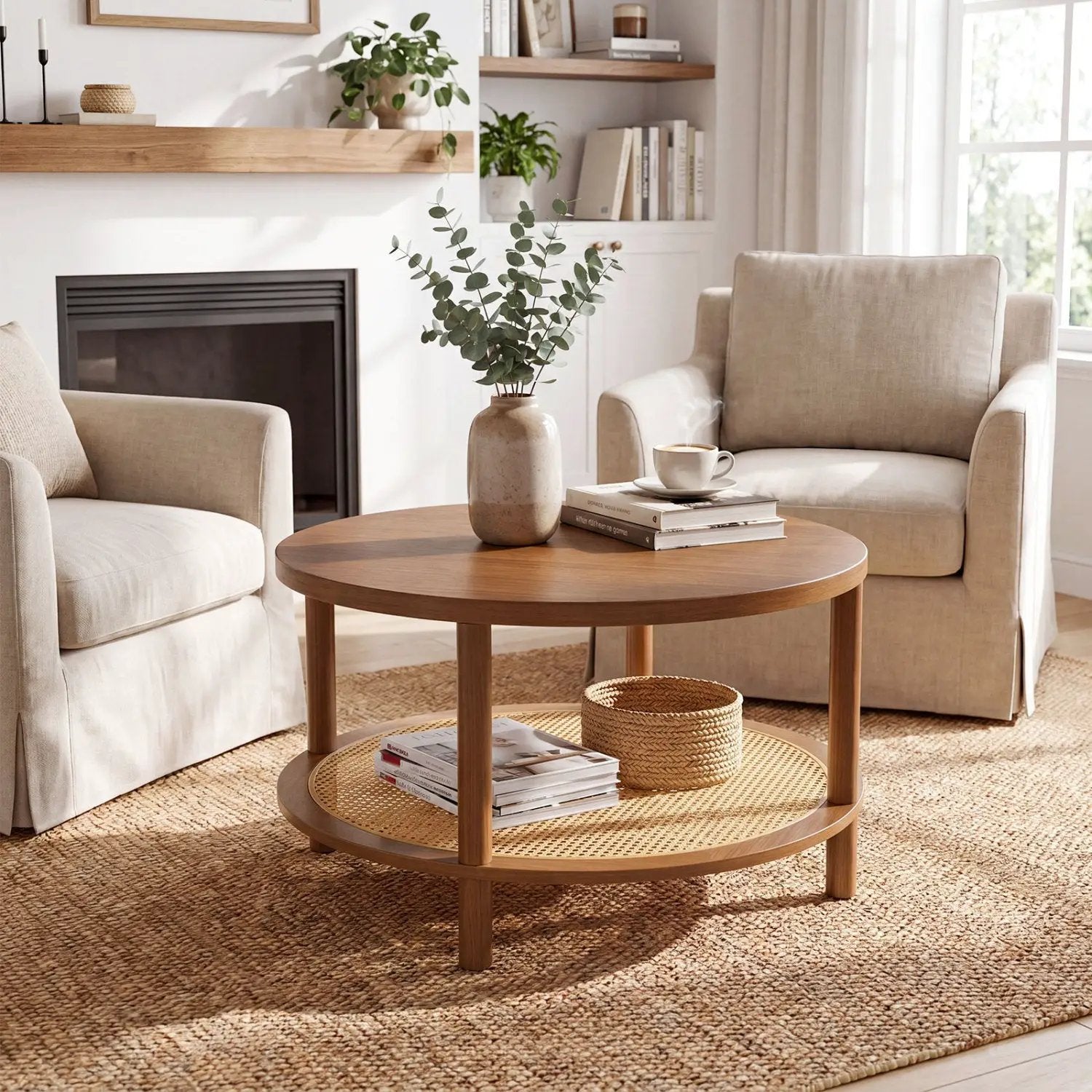 Round Rattan Coffee Table with Storage Shelf by DirectDeals