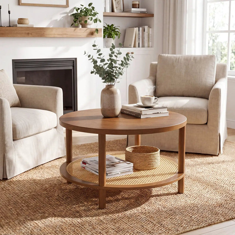 Round Rattan Coffee Table with Storage Shelf by DirectDeals